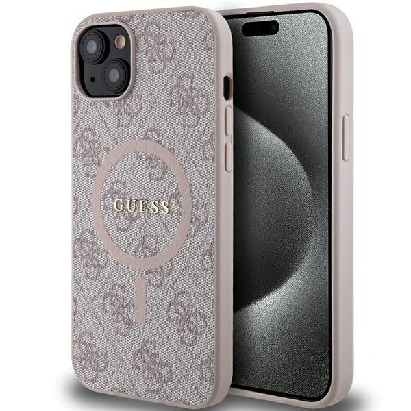 Pouzdro Guess 4G Collection Leather MagSafe iPhone 15 - růžový