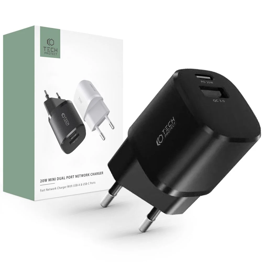 Tech-protect C20W Mini 2-port Network Charger PD 20W QC 3.0 - Černá