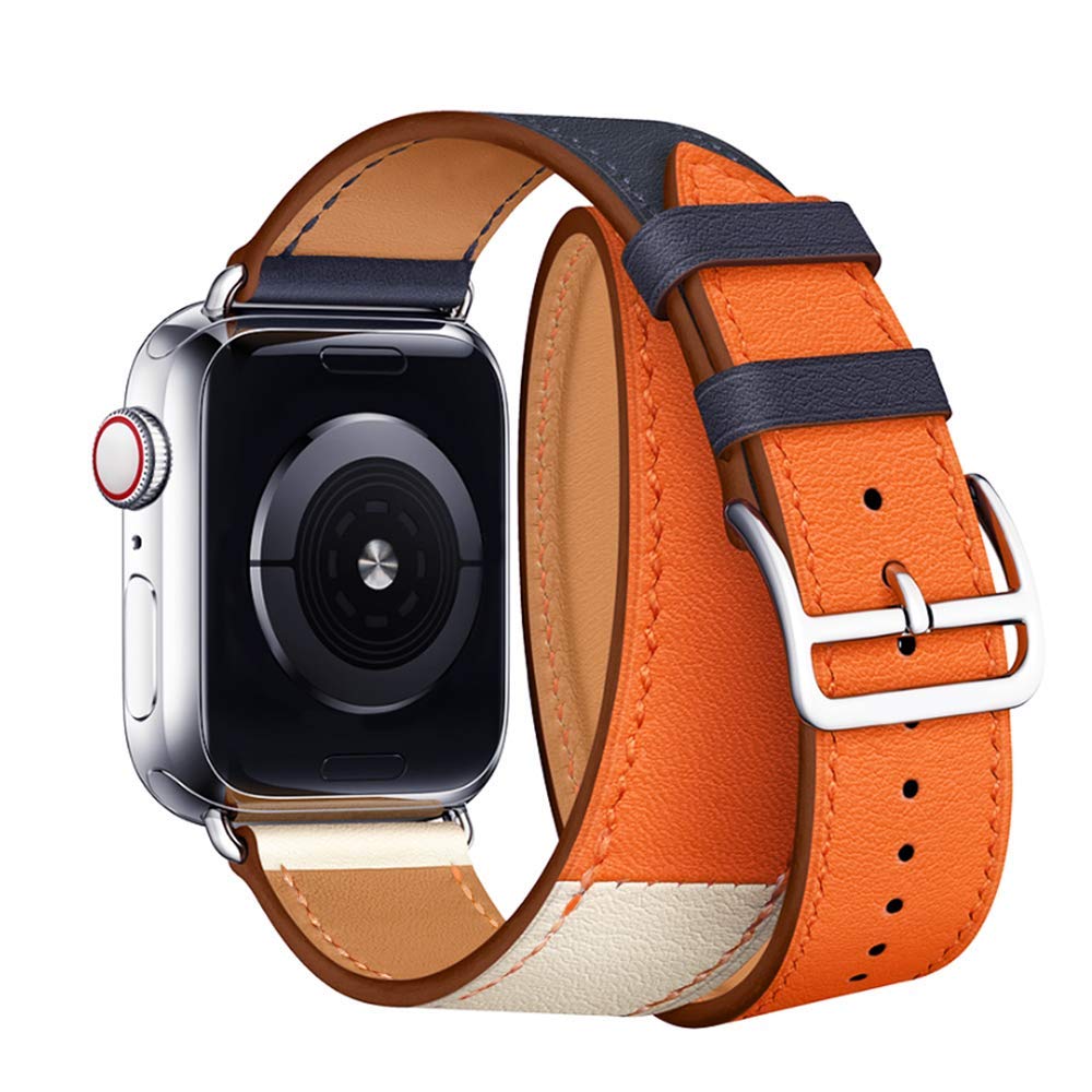 Kožený řemínek Double Tour pro Apple Watch Ultra 1/2 (49mm) - Indigo/Křídový/Oranžový