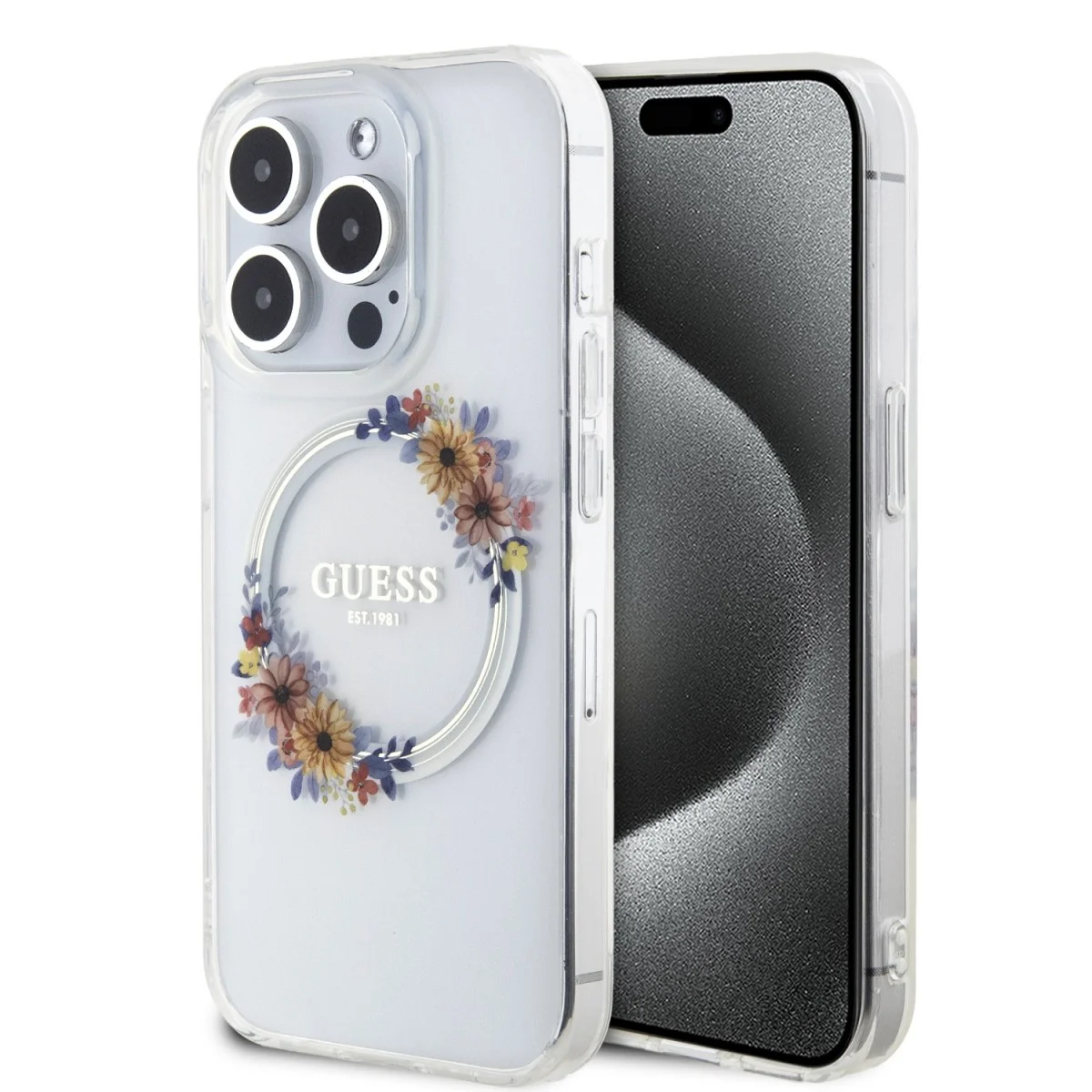 Guess PC/TPU Flowers Ring Glossy Logo MagSafe Apple iPhone 15 PRO Transparent