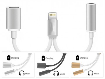 Lightning adaptér / rozdvojka Sago 2v1: 1x Lightning M/ 1x Lightning F + 1x 3,5mm jack Lightning adaptér / rozdvojka Sago 2v1: 1x Lightning M/ 1x Lightning F + 1x 3,5mm jack