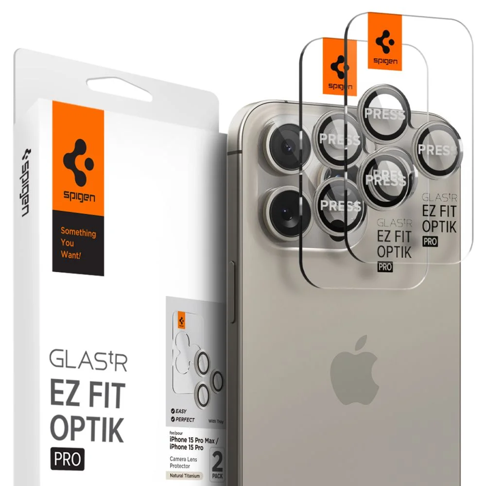 Spigen GLAStR EZ FIT Optik PRO 2-Pack iPhone 14 Pro, 14 Pro Max, 15 Pro, 15 Pro Max - Natural Titanium