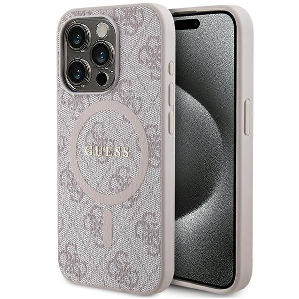 Guess iPhone 15 Pro Max 4G Collection Leather Metal Logo MagSafe - růžový