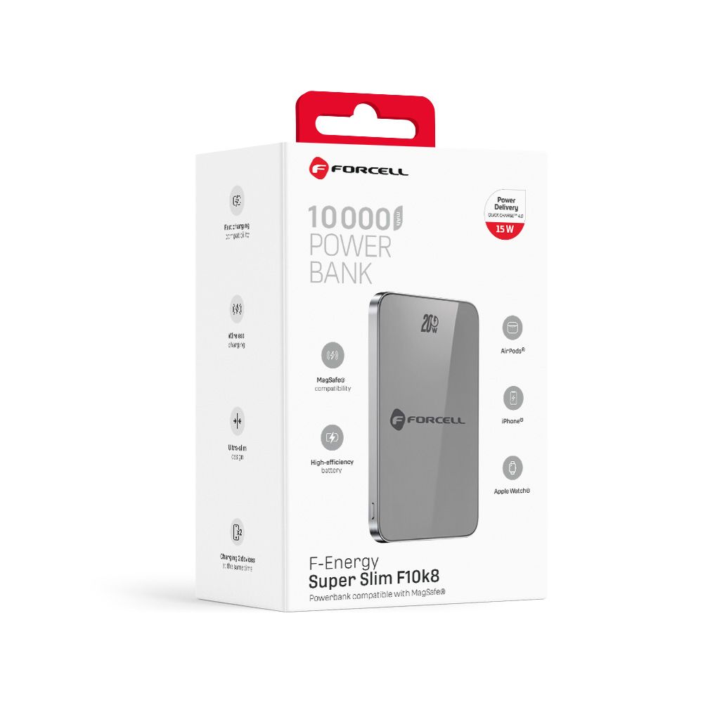 Forcell F-Energy Super Slim F10k8 s MagSafe PD3.0 QC4.0 15W 10000mAh - šedá
