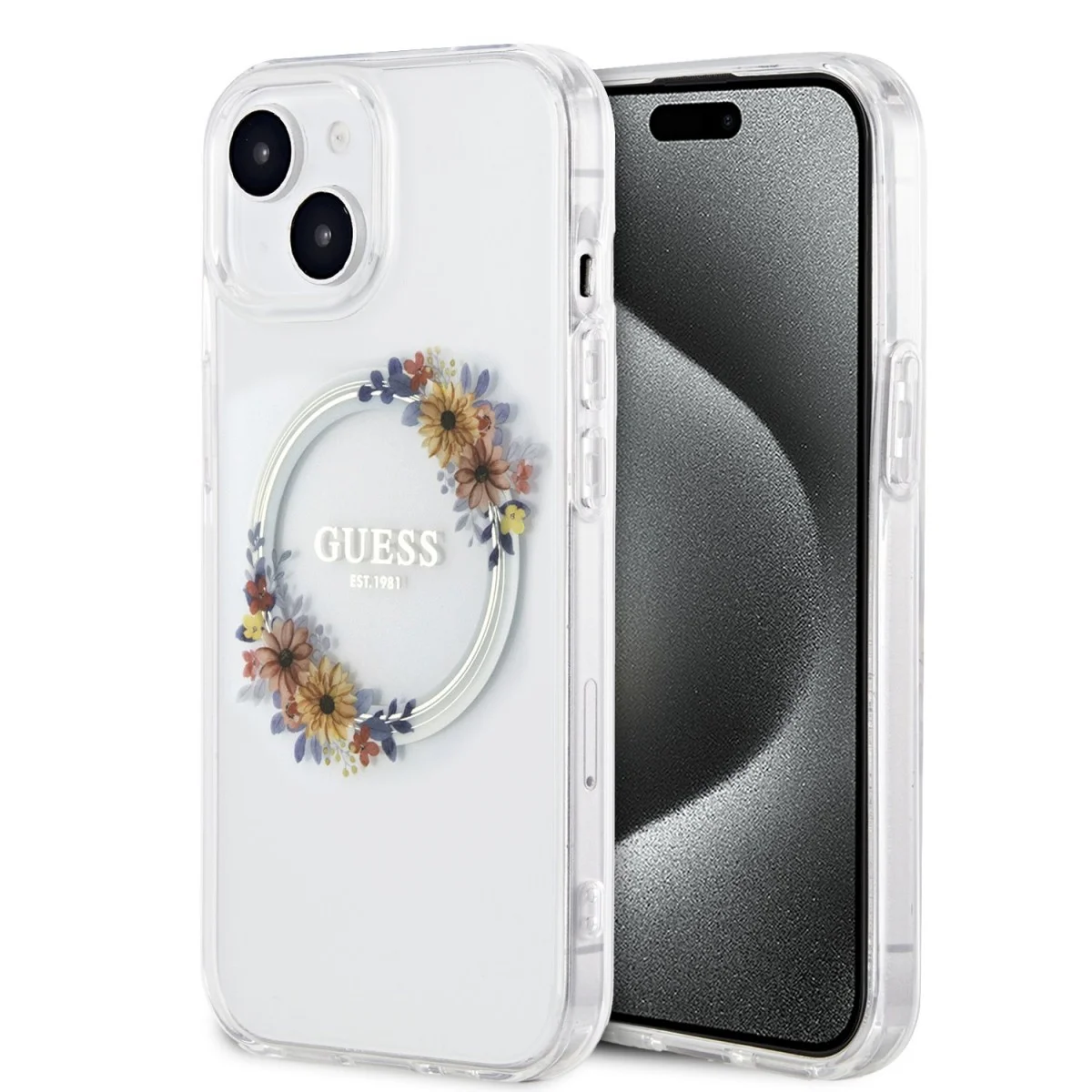 Guess PC/TPU Flowers Ring Glossy Logo MagSafe Apple iPhone 15 čiré
